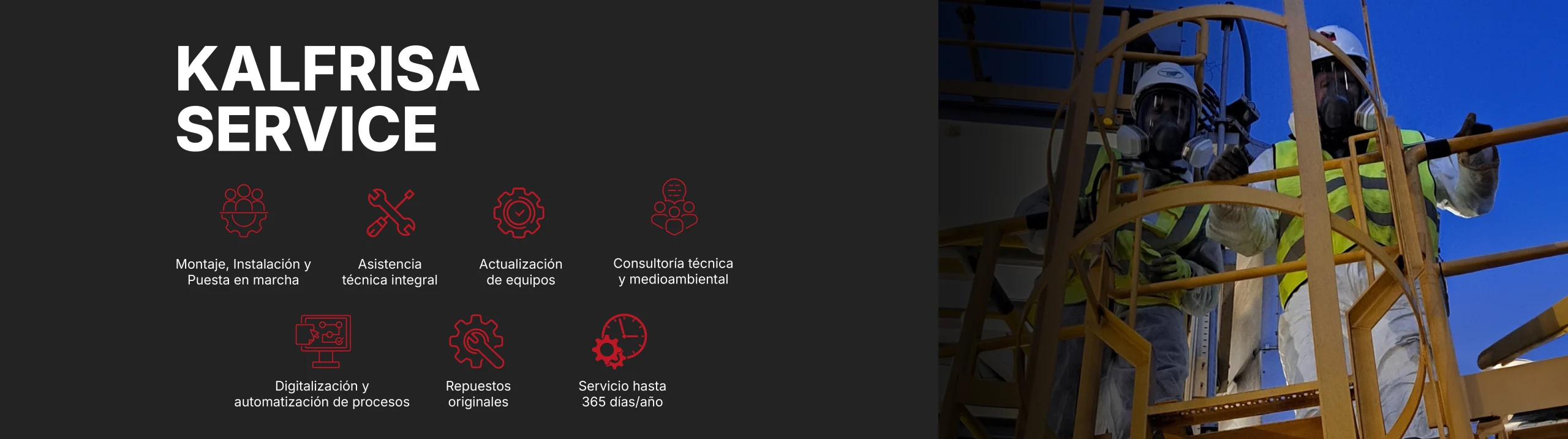 Banner ilustrativo de Kalfrisa Service: servicios técnicos industriales de instalaciones, puestas en marcha, mantenimiento, soporte 365 días, etc