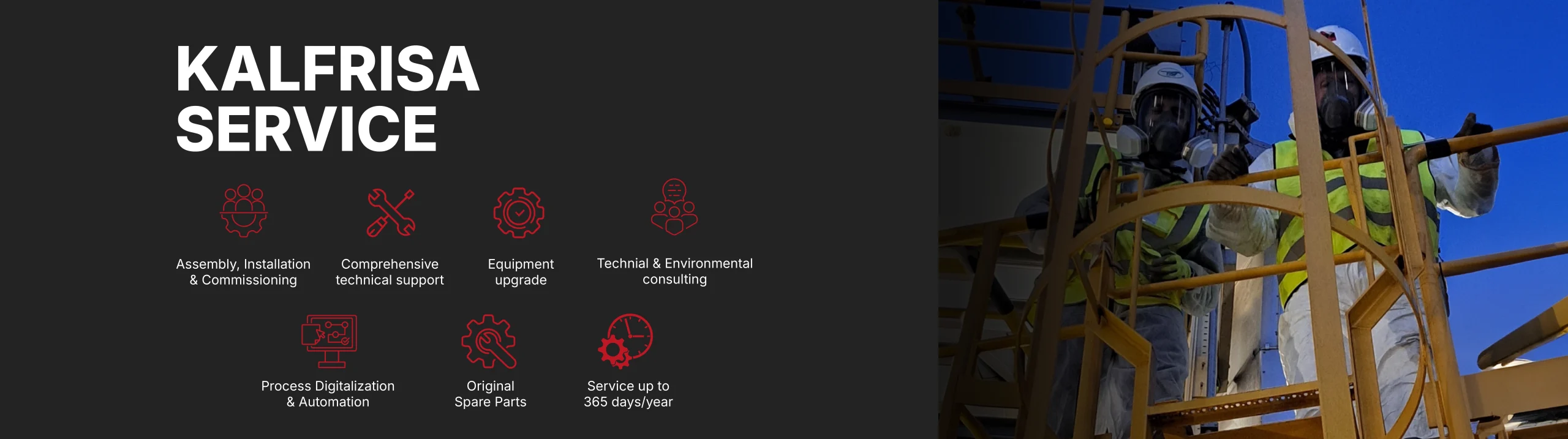 Illustrative banner of Kalfrisa Service: industrial technical services for installations, start-ups, maintenance, 365-day support, etc.